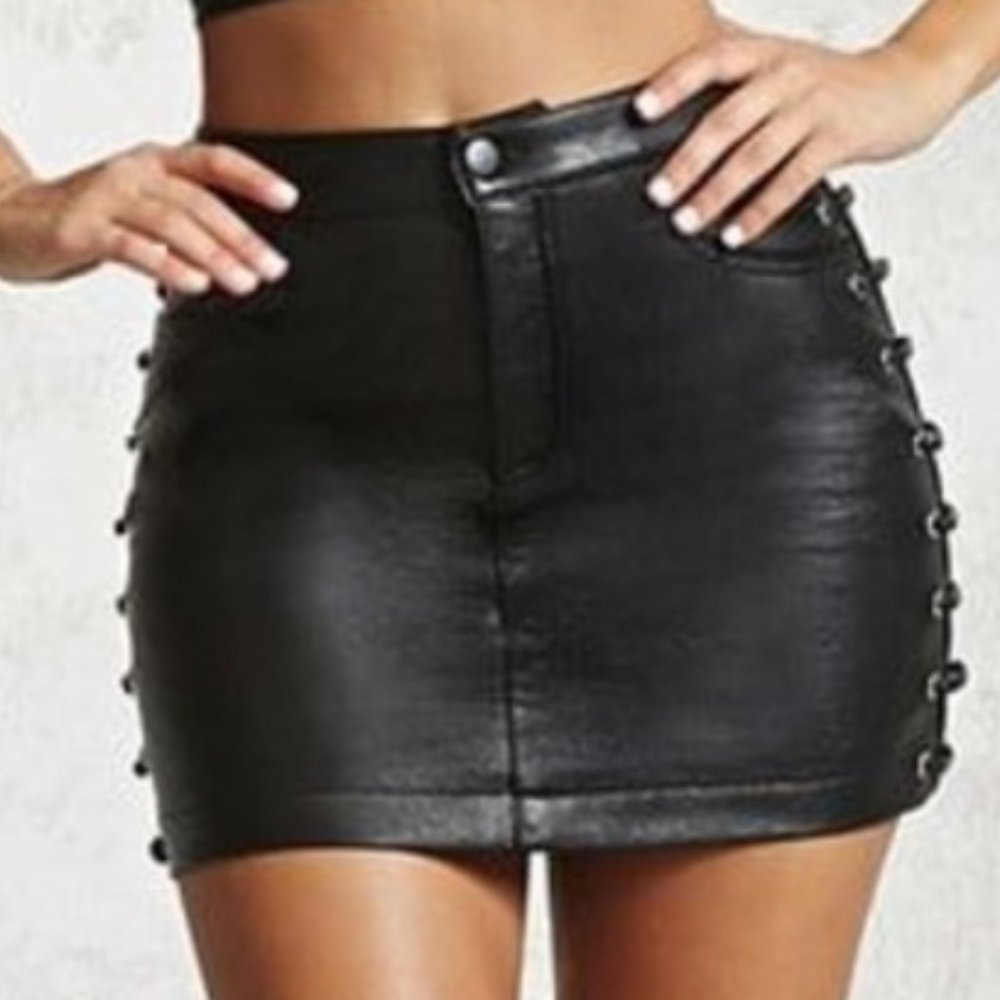 Faux Black Leather Lace Up Detail Mini Skirt